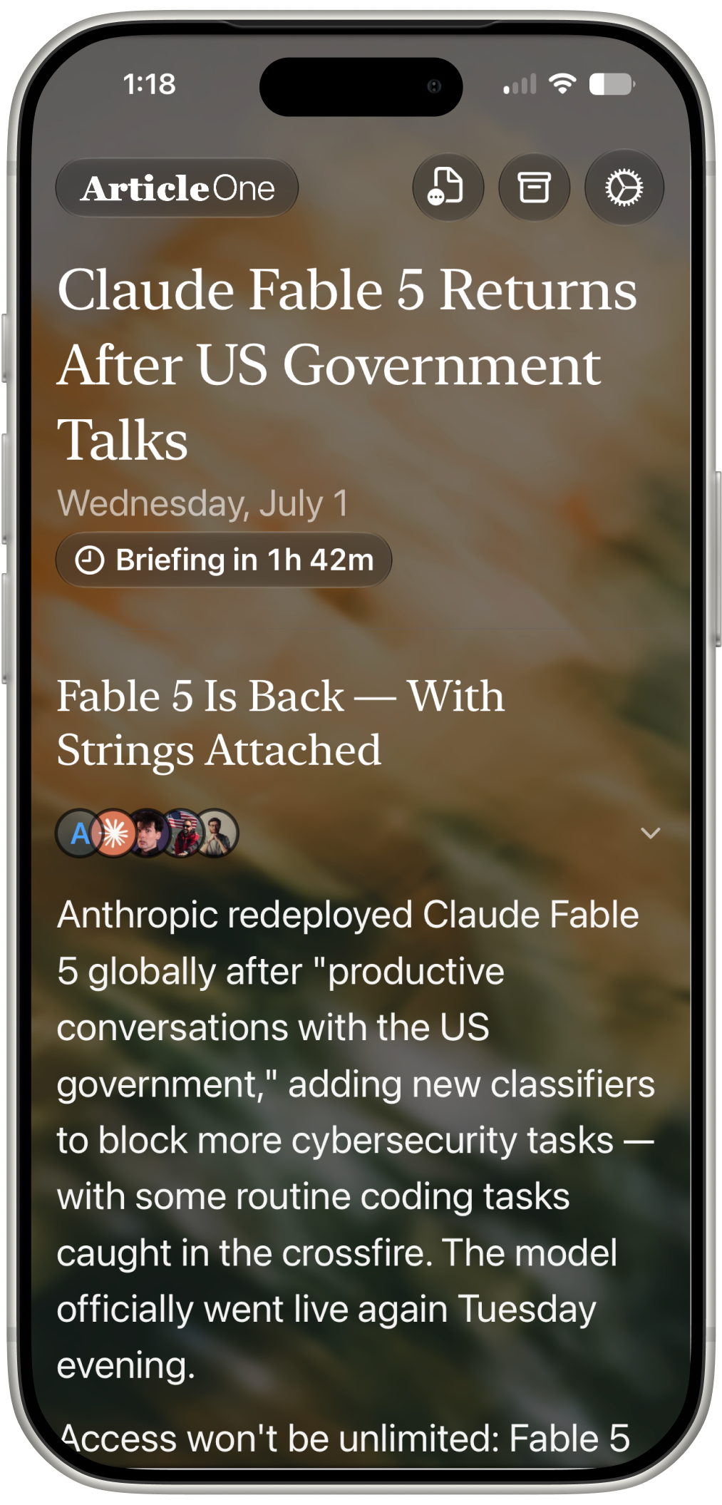 Article One daily briefing with headline and countdown