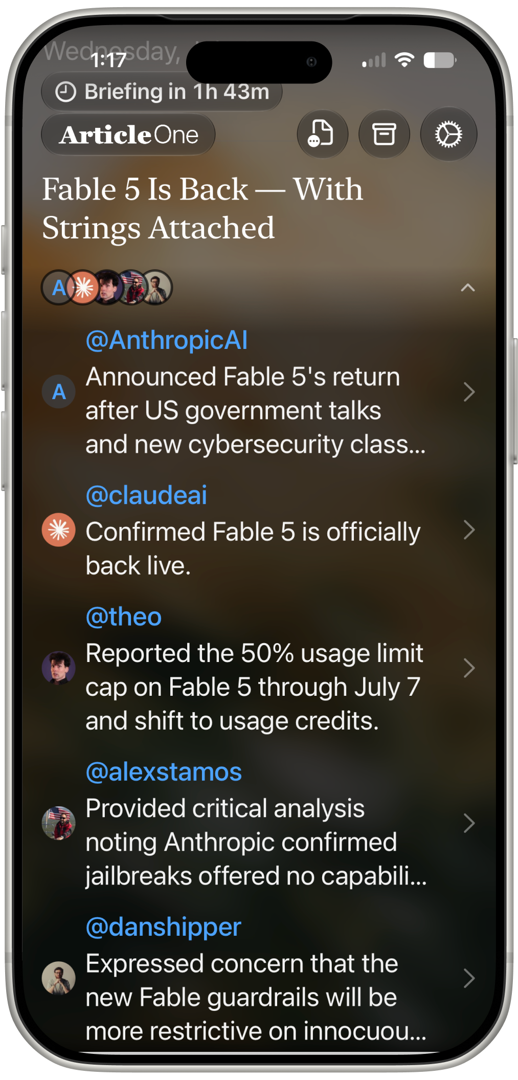 Article One sources list with avatars and handles